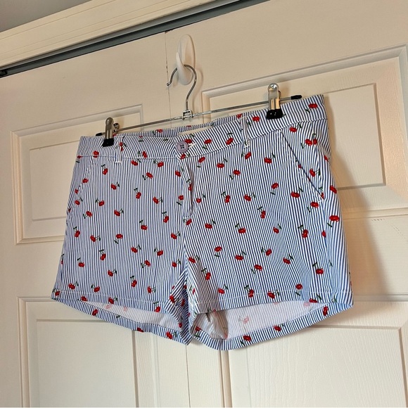 Women's Bebop Striped Blue White Shorts with Red Cherry Pattern Size 9 Midrise - Picture 3 of 6